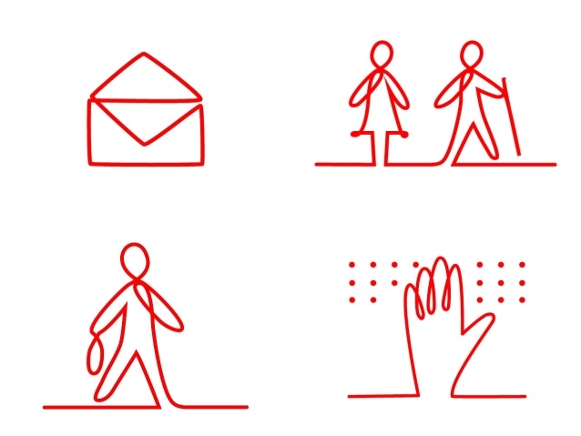 Cztery grafiki: koperty, sylwetek kobiety i mężczyzny z laską, człowieka idącego z torbą oraz dłoni z punktami alfabetu Braille