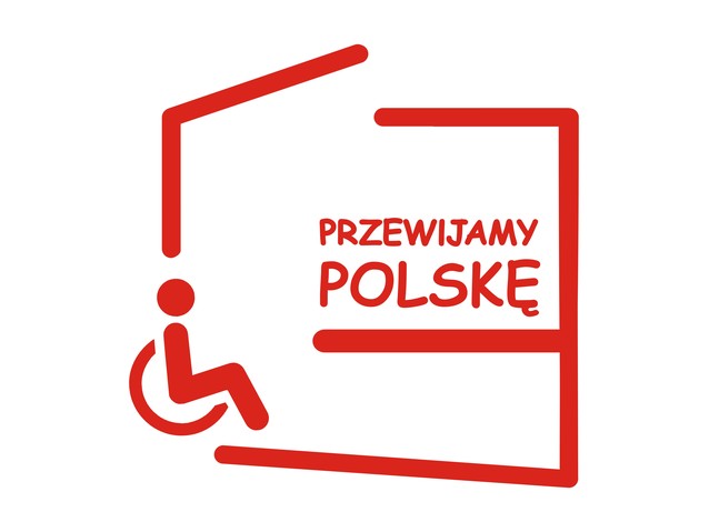 Logo z napisem Przewijamy Polskę wpisanym w kontur Polski. Na środku pozioma linia symbolizująca przewijak, po lewej symbol osoby na wózku