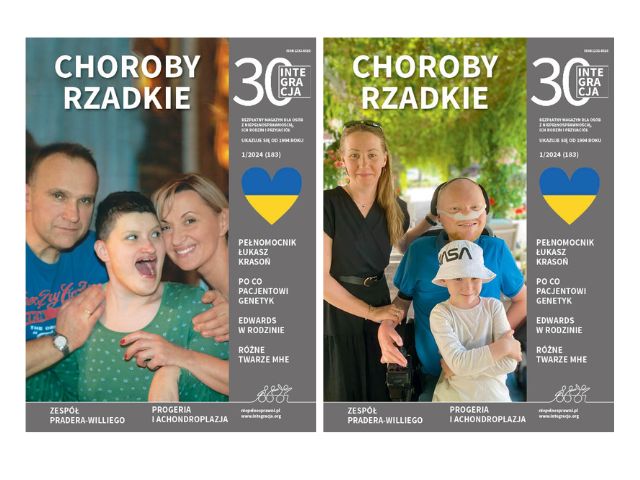 Dwie okładki 1 numeru magazynu Integracja w 2024 roku. Na jednej jest rodzina z osobą z niepełnosprawnością intelektualną a na drugiej Pełnomocnik Rządu ds. Osób Niepełnosprawnych Łukasz Krasoń. Tematem numeru są choroby rzadkie. 